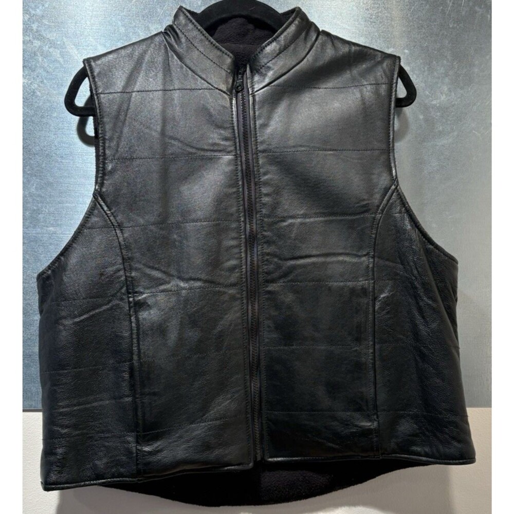 Henigs Fur Real Leather & Fleece Reversible Black Full Zip Moto Cowboy Vest Lg